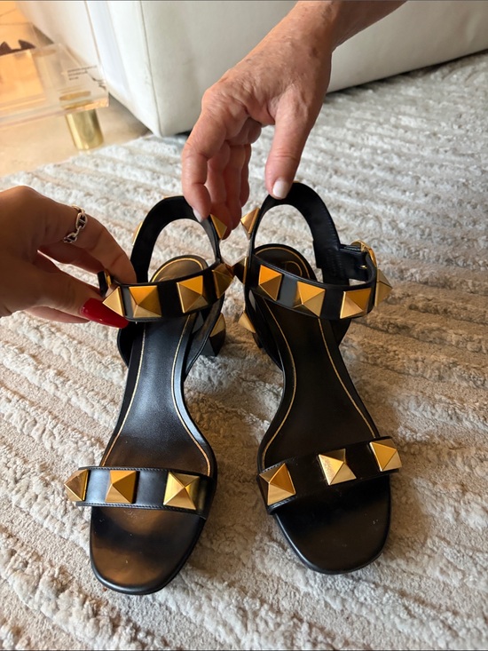 Valentino Shoes - Valentino Black Leather Block Heel Sandals with Gold Pyramid Studs